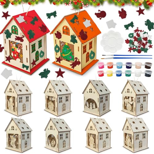 Tccydm 8 Stück Weihnachtshaus Basteln Kinder, Weihnachten Bastelset Holz Haus mit Pinseln, DIY Basteln Weihnachten Kinder, Kreativset Weihnachtsdeko für Jungen & Mädchen Geschenk