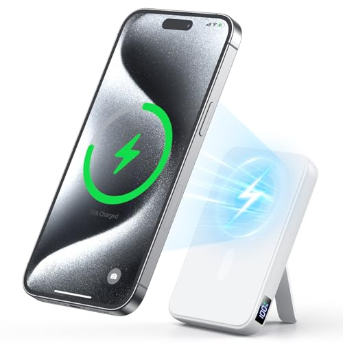 Kabellose Powerbank für Magsafe, 12000mAh Power Bank mit Klappbarem Standfuß, 22.5W PD USB-A Ausgabe, Powerbank mit Typ-C Eingang und Ausgang, LED-Anzeige für iPhone 17/16/15/14/13/12/Pro/Pro Max