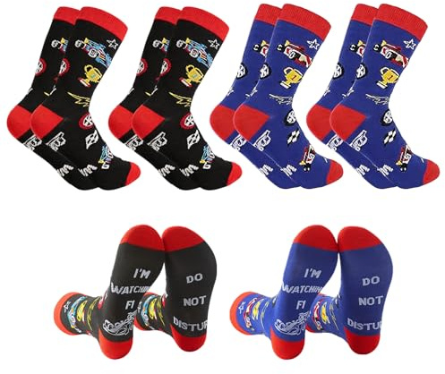 UJBVCX 4 Pares Calcetines de Fórmula 1, Calcetines Divertidos DO NOT DISSTURB I'M WATCHING F1, Regalo de Cumpleaños, para los Amantes de la F1