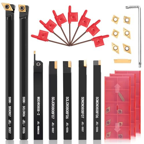 8x8mm Drehmeißel Set mit 21 Wendeplatten | 7 Schaft-Bohrstangenhalter Drehwerkzeughalter, 7 Schraubenschlüssel, Präzise Metallbearbeitung & Hohe Stabilität