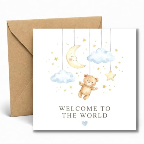 Edition Seidel Premium carte de naissance carrée avec enveloppe. Carte de vœux naissance bébé fille Welcome to the World ourson (EQ202 SW026)