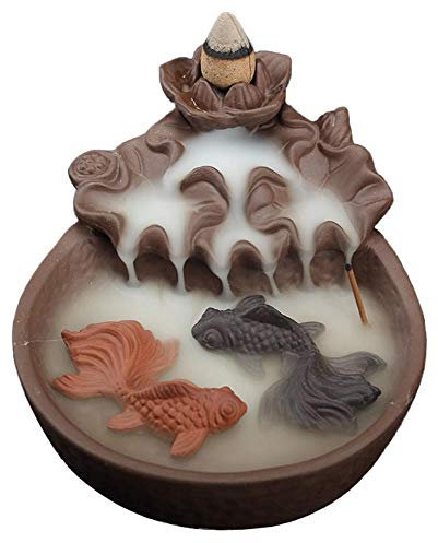 XUDREZ Bruciatore di incenso di riflusso con Cono di incenso del riflusso di 20pcs, bruciatore Domestico del Supporto del Cono di incenso del riflusso di Ceramica (Due Pesci)