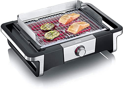 Severin PG 8116 Barbecue Elettrico Style, Temperatura Fino a 320°C in 10 Minuti, Safe Touch, Manopola con Luce LED, Cavo XXL 2 mt, Base di supporto, Griglia in Acciaio Inossidabile, Nero