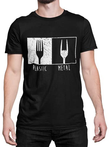 Heavy Metal Herren T-Shirt Pommesgabel - RocknRoll Tshirt Kurzarm Shirt Männer Jungs Oberteil Black Metal Festival BandMerch Gothic Clothes Regular Fit Baumwolle Schwarz S-5XL