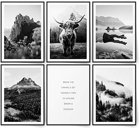 BLCKART Highland Cow Poster Set – Hochlandrind, Berge & Natur Wandbilder in Schwarz Weiß für Wohnzimmer & Schlafzimmer (6x A4 | ohne Rahmen)