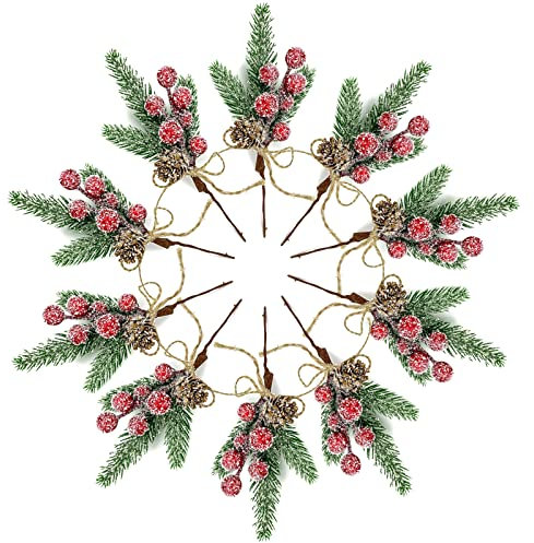 Tallos de bayas rojas, conos de pino florales de Navidad, ramas de pino artificiales, ramas de hoja perenne, decoración de bayas, 10 piezas de púas florales de día festivo, tallo de acebo para