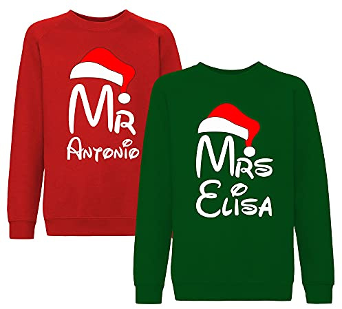 fashwork - Coppia Felpe Personalizzate Natalizie con Nome, Felpa Uomo e Donna Girocollo Rossa e Verde, Felpe Merry Christmas Idee per Regali Natale Originali