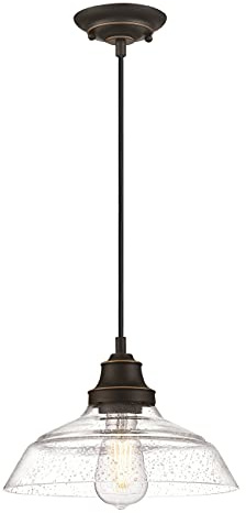 6116640 Einflammige Pendelleuchte Iron Hill von Westinghouse Lighting für Innenbereiche, Ausführung in geölter Bronze mit Akzenten, klares Antikglas