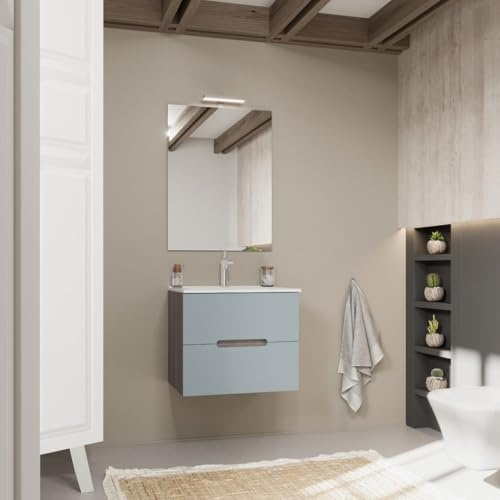 Kiamami Valentina - Mobile bagno sospeso 60cm quercia naturale e frontale blu opaco | Magnolia
