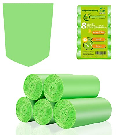 Inwaysin Medium Compostable Trash Bags - 8 Gallon, 30L (Clear Green, 20 Count Pack of 5) - Budget-Friendly Replacement for Simple Human H/J/G Trash Bags