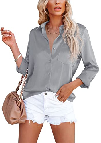Homlan Blusa Elegante de Mujer con Cuello en V de satén, Mangas largas, Estilo Informal, Camisa Holgada de Color sólido con Bolsillo en el Pecho, Gris, L