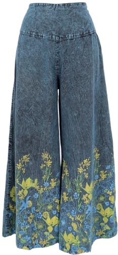 GURU SHOP Palazzohose, Boho Baumwollhose, Hosenrock mit Blüten - Blau/gelb, Damen, Size:M/L