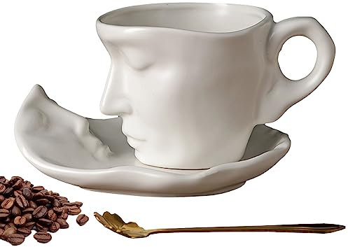 Tassen Untertassen Set,Kreatives abstraktes Design Thinker Keramikbecher mit Untertassen und Löffeln,Keramik Teetasse Lustige Kaffeetasse,für Valentinstag Muttertag kreatives Geschenk 260ml (Weiß)