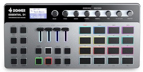 Donner Essential D1 Finger Drum Machine & Step Sequence kombiniert, mit farbcodiertem UI, 12 Sample-Spuren, 16 RGB Beat Pads, 64 Preset Beat Patterns, 5 Endlosregler, Reverb & Delay Effekte