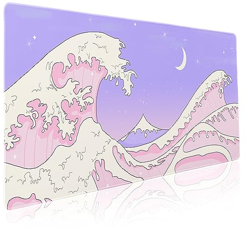 Pink Purple Japanese Anime Gaming Mouse Pad XXL Cute Kawaii Aesthetic Sea Wave Extended Large Desk Mat Non-Slip Rubber Base Stitched Edge Long Keyboard Mousepad for PC Computer Laptop,35.4×15.7 in