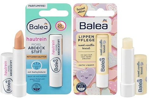 Balea 2er-Set Gesichtspflege: Pickel-Abdeckstift Hautrein Farbe 20 Mittlerer Hautton mit Salicylsäure, mattierend, ideal für unterwegs (4,5 g) + Lippenpflegestift Sweet Vanilla Biscuit (4,8 g), 9,3 g.