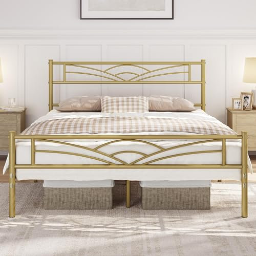 Yaheetech 5ft King Bed Solid Bed Frame with Cloud-inspired Design Headboard and Metal Bed Slats, Ample Under-bed Storage Antique Gold