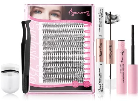 Beauty7 DIY Wimpern Extensions Set Einzelne Wimpern Einzeln Applicator Tool 2-IN-1 Bond & Seal Entferner Pinzette Wimpernzange Cluster Wimpern Kit 30D + 40D 220 Büschel Wimpern