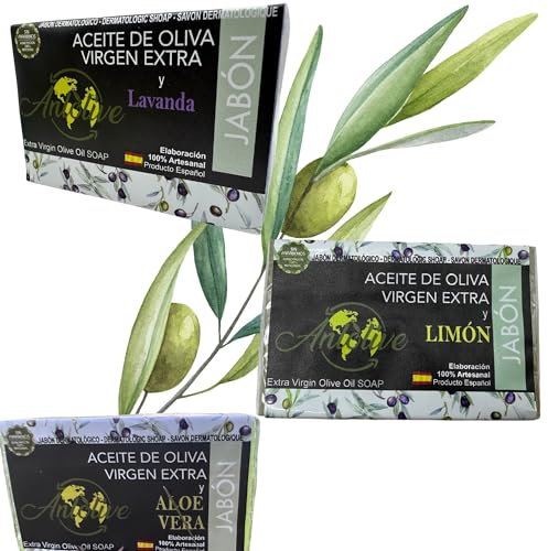 3 Jabones Naturales: Aloe Vera, Lavanda y Limón | Con el poder del Aceite de Oliva Virgen Extra | Naturales, Hidratantes y Suaves para la Piel.