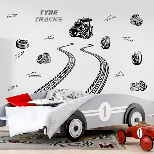 Tire Track Wall Decals Tyre Road Stickers Tractor Trace Wall Stickers Vehicles Truck Sticker Tire Tread Decals Removable Race Car Road Wall Stickers for Boys Room Kids Bedroom Playroom Decor