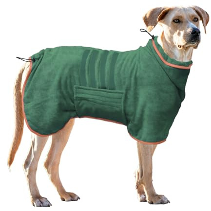 Hunde-Bademantel, Handtuch, Mikrofaser-Material, schnell trocknend, super saugfähig, schnell trocknend, feuchtigkeitsabsorbierend, mit verstellbarem Kragen und Taille, Grün, Größe L