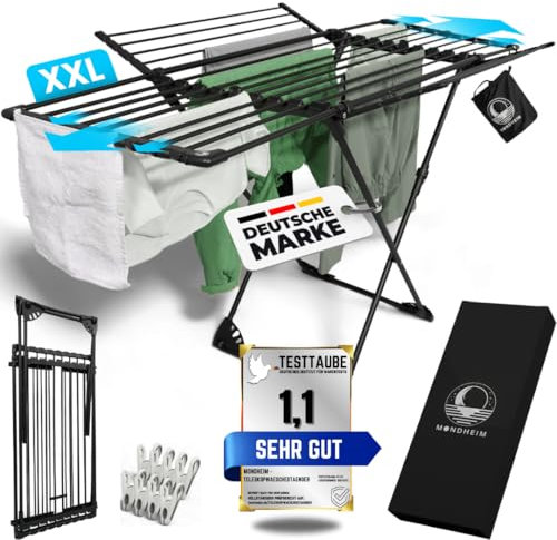 MONDHEIM® Obsidian | XXL Teleskop Wäscheständer 26M TROCKENLÄNGE | abnehmbare Querstrebe | Flügelwäscheständer platzsparend | nutzbar für Balkon oder Terasse
