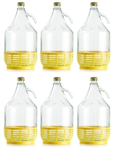 Firmadigaranzia srl 6 x Damigiana, Fiasco, Bottiglie di Vetro, da 5 l, con Chiusura a Tappo VITE e cestello - Dama Vetro 5L per Acqua Vino Olio - BOCCIONE Vetro per STOCCAGGIO vino acqua olio