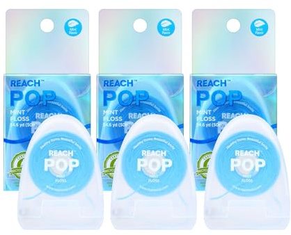 REACH POP Dental Floss, Mint, Plaque Remover for Teeth, Shred Resistant, Vegan Wax, Cruelty Free, Eco Friendly Packaging, Oral Care, PFAS Free, for Adults & Kids, 3 Pack, 54.6 yd