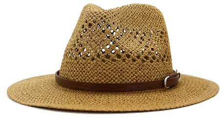 Generisch Panamahüte Unisex Strohhut Sommer Fedora Sonnenhut mit Breiter Krempe Strandhut UV Sommerhut Panama Hut für Damen Herren (DE/NL/SE/PL, Alphanumerisch, Einheitsgröße, Khaki)