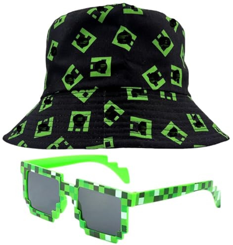 Minnecrafft Sombrero de Sol para Niño,Minnecrafft Sombrero de Cubo y Gafas de Sol Sombrero de Playa de Protección Solar Dibujos Animados Gorra Deportiva Bucket Hat Pescador Gorra para Niños 2-8Años