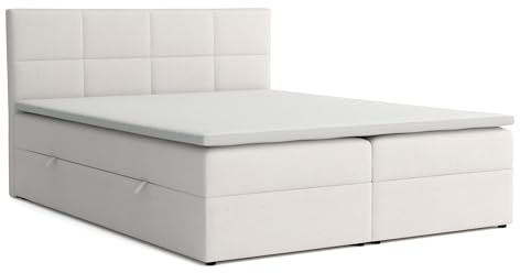 Boxspringbett 180x200 mit Bettkasten, Betty Doppelbett Beige Velourstoff | Bett 180x200, Doppelbett mit Topper (2 cm) für extra Liegekomfort