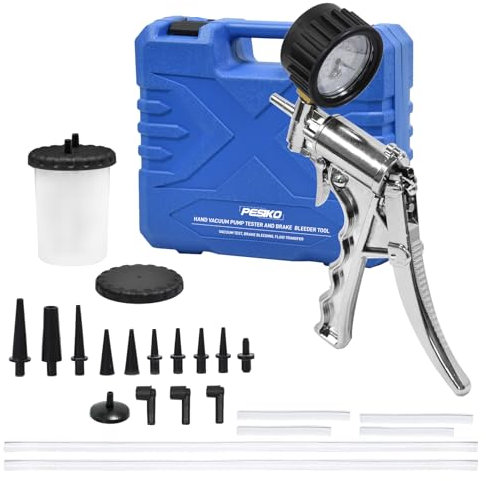 PESIKO Aluminium Hand-Vakuumpumpe für Kfz, Bremsenentlüftungsgerät Motorrad Unterdruckpumpe mit Stoßfeste Manometer und 14 Adaptern