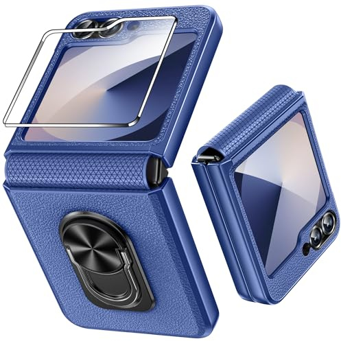 Fewdew Coque pour Samsung Galaxy Z Flip 7 FE/Z Flip 6 avec Protection D'écran Arrière & Charnière,Anneau Rotatif à 360 ° Etui,Antichoc Housse Case Cover Galaxy Z Flip 7 FE/Z Flip 6,Bleu