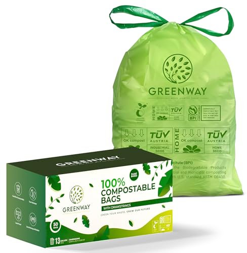 GREENWAY 13 Gallon Compostable Trash Bags Drawstring, 50 Bags, Heavy Duty Extra Thick 0.90 Mil, Tall Kitchen Food Scrap Waste Bags, US BPI and Europe OK Compost Home Certified