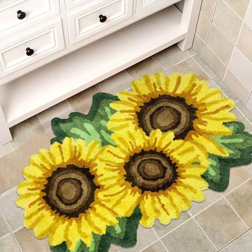 Lacomfy Yellow Sunflower Flower Area Rugs, Thick Cotton Hand Woven Carpet Flower Shaped Non Slip Washable Floor Mat for Bedroom Bathroom Entryway Shower, 27.5''x39.4''