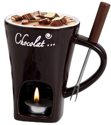 Schokoladenfondue Tasse Keramik Schokofondue Set, Käseschmelzbecher Mit Teelichthalter Und Gabeln, Schokoladen Schmelztopf Käsefonduetopf Teelichtfondue Schmelztiegel Für Süßigkeiten Butter (Kaffee)