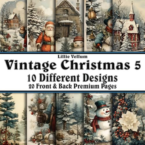 Scrapbook Paper - 20 Front and Back Premium Color Pages: Vintage Christmas 5 - Antique Aged Parchment Santa Snowman Tree Village - 8.5x8.5