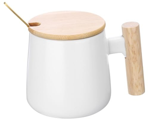 QUARKZMAN Tasse à Café en Céramique 12.85 Oz Simple Poignée en Bois Grande Tasse à Thé Set de Cadeaux de Mugs en Céramique Faits à La Main Avec Couvercle et Cuillère, Blanc