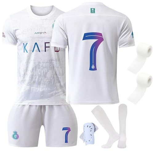 sinirttou Fotbollströja för barn, #7 fotbollströja i jersey, med 2 rullar bandage, strumpor och knäskydd, Vitt och blått, Größe 28