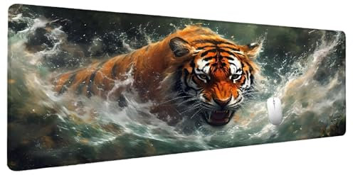 Alfombrilla Ratón XXL 1200x600mm Ola Alfombrilla Gaming Tigre, Mouse Pad Tapete Escritorio Protector Bordes Cosidos Base de Goma Antideslizante, Alfombrilla Raton Mouse Pad Gaming Regalos Hombre I-0