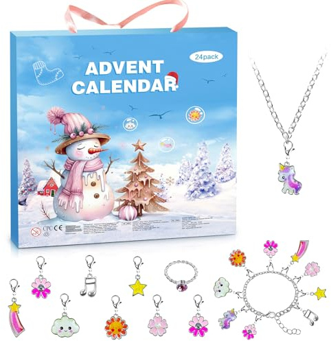 Jewellery Advent Calendar 2025 Girls Kids, 24 Days DIY Advent Calendar Cute Cartoon Children Teens Christmas Countdown Bracelet Ring Necklace Kit with Charm Pendant Birthday Party Surprise Gifts A