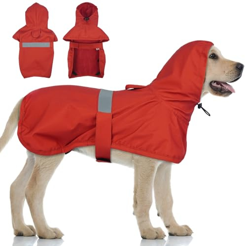 Lelepet Hund Regenmantel, wasserdichte Regenjacke für Große Hunde, Hunderegenmantel mit Reflektierendem Streifen, Regencape mit Kapuze Verstellbar Winddicht (Rot, XL)