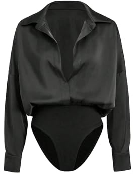GORGLITTER Women's Deep V Neck Long Sleeve Shirts Bodysuit Satin Button Down Party Night Sexy Leotard Tops Black Medium