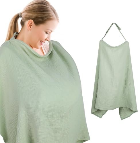 Cozary Tablier Allaitement,Cape Allaitement,76 x 110 cm, écharpe d'Allaitement Douce et Respirante,en Coton,Housse d'Allaitement pour l'Allaitement avec Sangle de Réglage au Dos,Sangle Réglable,Vert