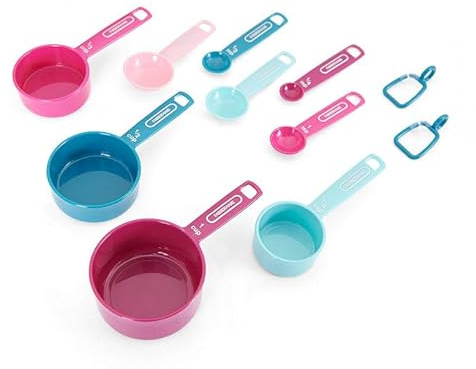 Farberware Kitchen Basics - Juego de taza y cuchara medidora, diseño colorido de 9 piezas con marcas fáciles de leer, herramientas apilables para cocinar y hornear con organizador de anillos, plástico