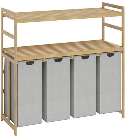 Bellamio Newa Wäschekorb 4 Fächer, 4x50 L, 2 Ablagen, Hellgrau, Bambus | Wäschesammler, ausziehbare & abnehmbare Wäschesäcke, Wäschesortierer, Wäscheboxen, Schmutzwäschebehälter, Bad & Schlafzimmer