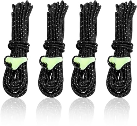 4Pcs Reflective Tent Guy Ropes 4M UHMWPE 2mm Guide Ropes with Tensioners Adjuster for Camping Hiking Tents Awning Tarp（Black)