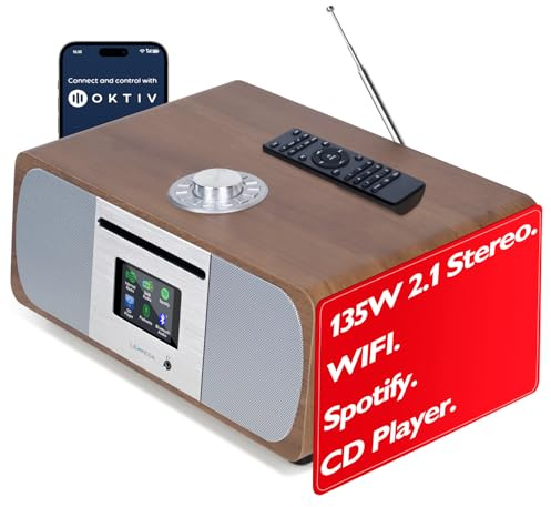 Lemega M5P Upgrade Internet Radio with CD Player, Powerful 2.1 Stereo System,Spotify HiFi, Bluetooth, FM Radio, Acoustic Wood Cabinet,50 Presets, Headphone Jack,OKTIV APP Control - Walnut