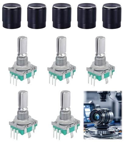 5 Stück EC11 Drehgeber, Rotary Encoder 360 Grad Digital Potentiometer 5 Pin mit Schalter und Drehknopf, Audio Drehgeber Modul Kontinuierlicher Drehschalter für Automobilelektronik Multimedia Audio