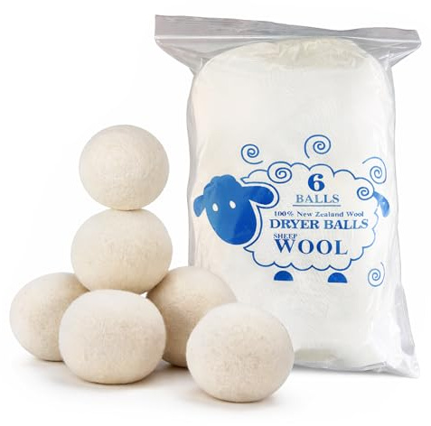 ME JO Wool Dryer Balls 6 Pack, Tumble Dryer Wool Balls 7cm White, Reusable Natural Fabric Softener, Anti Static Dryer Balls to Reduce Drying Time & Wrinkles, Includes Cotton Storage Bag